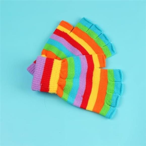 2 Pairs Rainbow Striped Cotton Knitted Half Finger Gloves - Thickened Warm for - Picture 4 of 8